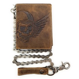 Genuine Leather Biker Wallet Solid Bicycle Chain Wallet Skull RFID Protection Wing of Hell, brown, American