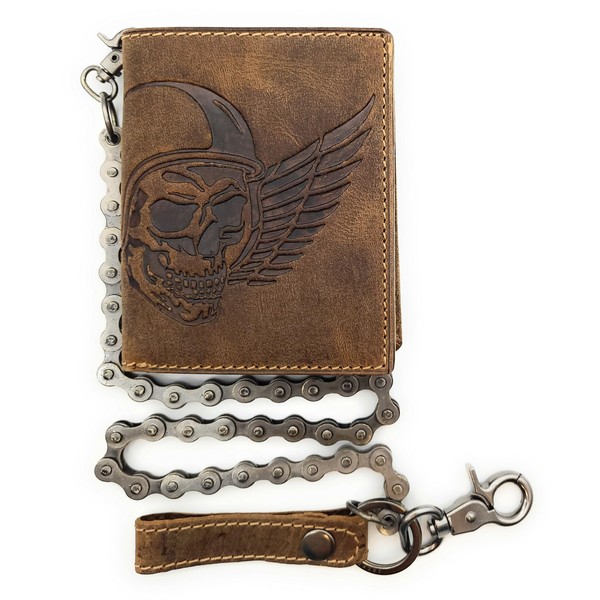 Genuine Leather Biker Wallet Solid Bicycle Chain Wallet Skull RFID