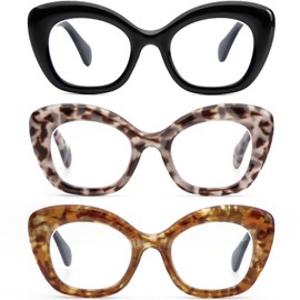 REAVEE 3 Pack Oversized Cat Eye Reading Glasses for Women Men Stylish Blue Light Blocking Lenses, Black+Brown Leopard+Grey Leopard, 1.0