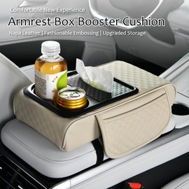 Car Armrest Center Console Pad, Ergonomic 7cm Height Boost, Side Pockets, Built-in Tissue Box& Cup Holder, Universal Fit for Most Sedan Vehicles (Checkerboard, Coffee)