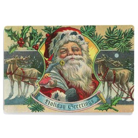 Lantern Press 12x18 Inch Metal Sign, Holiday Greetings, Santa and Reindeer, Vintage Postcard