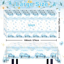 Avezano 3 Pcs Little Pumpkin Tablecloths Blue A Little Pumpkin is On The Way Table Covers Boys Fall Autumn Baby Shower Decorations 108 x 54 Inch