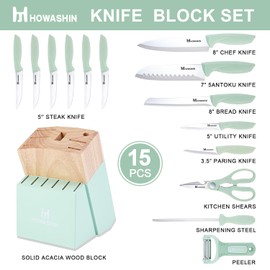 Howashin Knife Set With Block,15Pcs Knives Block Set,High Carbon German Stainless Steel Knife Set With Sharpener,Scissor and Peeler,Green Knife Block Set