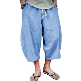 EKLENTSON Yoga Pants for Men Golf Sports Outwear 3/4 Shorts Loose Linen Capri Trousers Beach Pants Casual, Sky Blue, 38