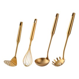 MINGYU Gold Kitchen Utensils Set of 4 Cooking Utensils Set, Titanium Plated kitchen tools Potato Masher / Soup Ladle, Spaghetti Spoon, Eggbeater Use for Home Hotel Resturant