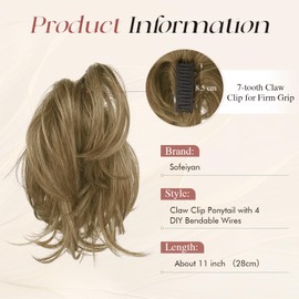 SOFEIYAN Claw Clip Short Ponytail Extension DIY Bendable Wires Hair Bun Fluffy Fake Hair Piece Straight Synthetic Hair Ponytail Extensions for Wonen - Dark Brown with Highlights