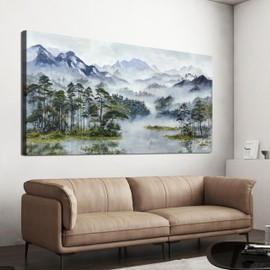 Canvas Wall Art Decor Art Work for Wall Decor Landscape Large Wall Art for Living Room Foggy Forest Wall Art Decor Green Mountain Wall Art Decor Art Work for Home Ofiice Bedroom Wall Decor 29"x58"