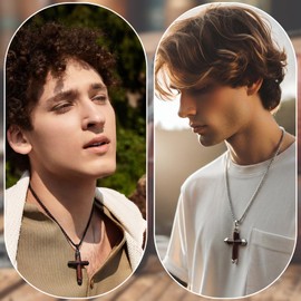 Kigeli 2 Set Wooden Cross Necklace for Men Walnut Wood Inset in Black Sliver Stainless Steel Christian Wood Crucifix Pendant Box Chain with Black Velvet Bags for Christmas Birthday Jewelry Gift