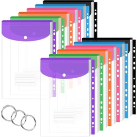 Document Folder A4 Vakki Pack of 12 Transparent Document Bag A4 6 Colours Transparent Pocket Documents Collection Folder A4 Bag with 11 Hole Edge, Press Stud and Label Pocket for Organising Documents