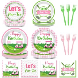 96Pcs Pink Golf Birthday Party Supplies Pink Golf Theme Paper Plates and Napkins Let's Par-Tee Party Disposable Tableware Set for Girls Sports Theme Birthday Decorations Baby Shower Serves 24