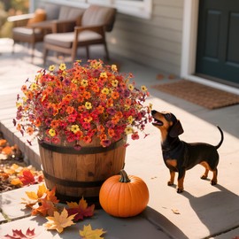 Ammyoo Fall Mums Artificial Flowers for Outdoors Potted, 12 Bundles Fake Fall Daisy Flower with Realistic Eucalyptus Leaves, Fake Plants for Greenery Boxwood Porch Patio Garden Pot Courtyard Lawn