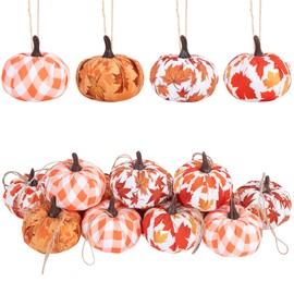Wehhbtye 12PCS Fall Thanksgiving Pumpkin Hanging Ornaments-Maple Leaf Plaid Fabric Wrapped Pumpkin Shaped Ornament,Orange White Buffalo Pumpkin Ball for Thanksgiving Day Autumn Party Home Decor