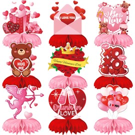 9Pcs Valentines Day Honeycomb Centerpieces,Valentine Honeycomb Decorations,3D Pink Bear Heart Rose Table Centerpiece Signs Valentines Table Toppers for Wedding Anniversary Party Supplies