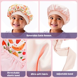 Lolalet 2 PCS Kids Bonnets for Girls, Reversible Silk Bonnet for Sleeping Satin Bonnet Cap with Wide Elastic Band -Fruit & Flower
