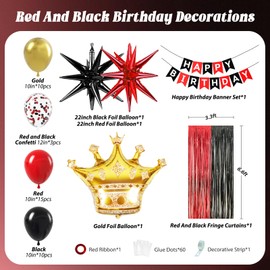Red and Black Birthday Decorations for Men with Red Black and Gold Balloons Happy Birthday Banner Red and Gold Fringe Curtain for 21st 25th 27th 30th 35th 40th Women Men Birthday Decorations