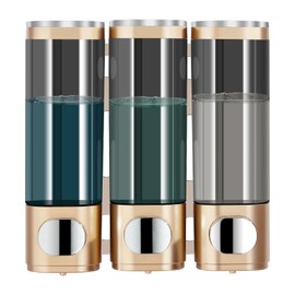 Pollock Shower Dispenser - 3 Chamber No Drill Mounted Shampoo, Conditioner, Body Wash Dispenser for Bathroom, Large Capacity, Gold