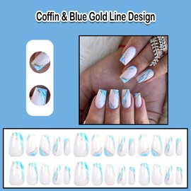 ANDGING Coffin Press on Nails Medium Square White Blue Fake Nails with Gold Line Design Gel Acrylic fake nails for Wedding Birthday stick on nail for Women Manicure False Nails with Glue DLJ68P