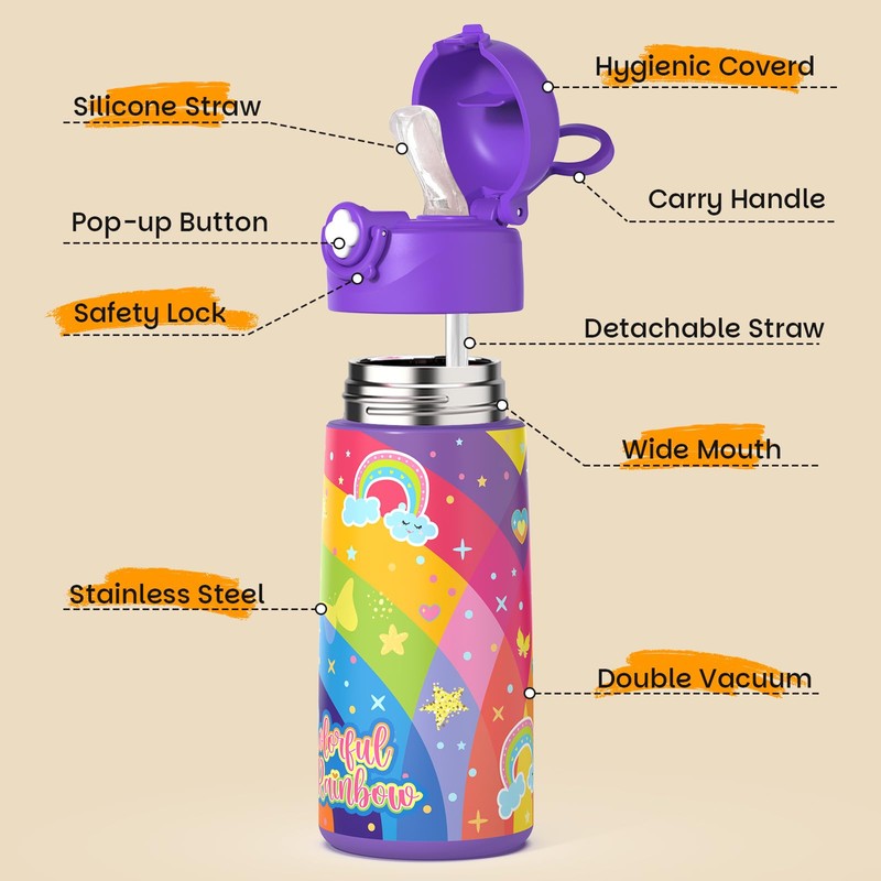 Ntswasd Boys Insulated Water Bottle with Covered Pop-Up Straw,16 oz