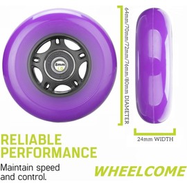 WHEELCOME Inline Skate Wheels with Bearings ABEC-9 and Floating Spacers for Blades Roller Hockey Skates, 85A Indoor & Outdoor, 64mm/70mm/72mm/76mm/80mm Dia, 4-Pack (Purple, 76mm)
