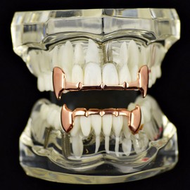 14k Rose Gold Plated Half Fang Grillz Set Top and Bottom Fangs Hip Hop Vampire K9 Teeth Grills