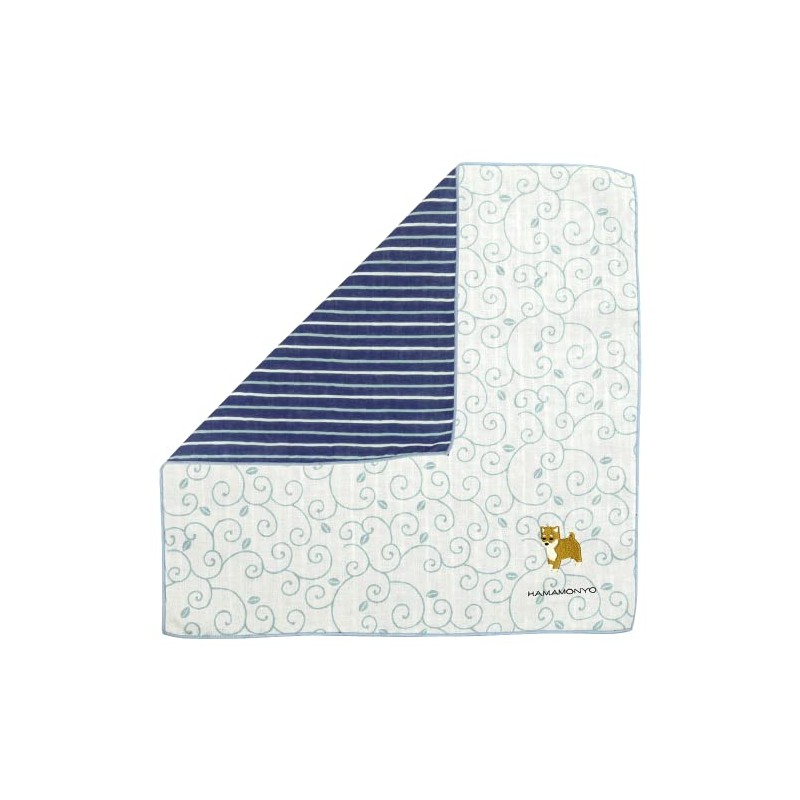 Hamamonyo Reversible Gauze Handkerchief, Arabesque and Shiba Inu, blue
