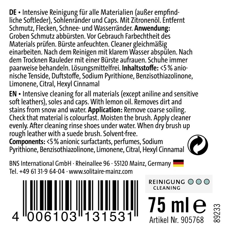 SOLITAIRE Shoe Clean, 75 ml, Schuhreiniger mit integrierter Bürste zur