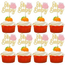 24 piezas de decoración para cupcakes de calabaza con purpurina, calabaza, baby shower, decoración de pasteles para otoño, diseño de calabaza, baby shower, niños, niñas, suministros de fiesta de cumpleaños, color dorado