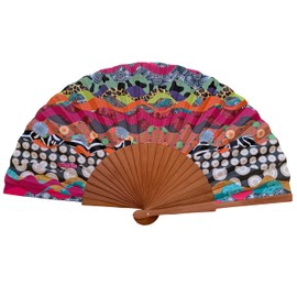 Tusitala Barcelona - Patchwork Collection Hand Fan - Made of Wood and Cotton - 100% Spanish Craft - Includes Natural Jute Bag - Handmade Fashion Accessory - 23 cm, Olas