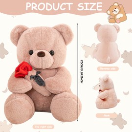Teddy Plush Bear, 25 cm Teddy Bear with Rose, Teddy Bears Rose Stuffed Toy Toy, Plush Toy Bear Cuddly Toy, Cushion Doll for Mum, Girls, Boys, Birthday Gift, Valentine's Day Plush Bear Toy (Pink)