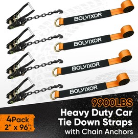 Bolvixor 4 Pack Car Tie Down Straps for Trailers - 2" x 96" - 9900LBS Break Strength - Tire Ratchet Straps with Heavy Duty Chain Anchors for Hauling UTV, SUV, Truck, Any Cars