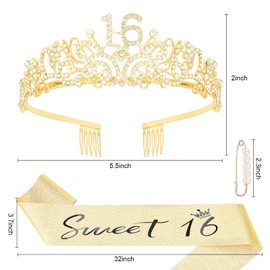 Semato Sweet 16 Party Decorations Set - Gold 16th Birthday Crown and Sweet 16 Sash Glitter Kit for Girls Birthday Happy Birthday Girl Tiara Birthday Party Supplies and Favors