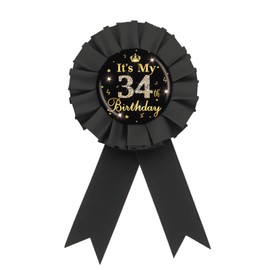 It's My 34th Birthday Tinplate Badge Pin, Gold Diamond Happy 34th Birthday Button Pin, Thirty Four Birthday Black Rosette Award Ribbon Pin for Women, Brooch Buttons for 34 Years Old Birthday Party Decoration
