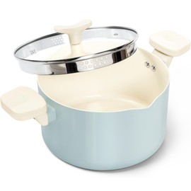 MICHELANGELO Pasta Pot with Strainer Lid - 6 Quart Cooking Pot with Lid, Non Stick Spaghetti Pot Ceramic Coated with Twist and Lock Handles for Easy Draining, Induction Compatible, Soft Aqua