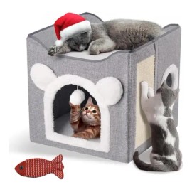Casa para Gatos Plegable LovePaws Gris, con Rascador y Cojín Suave de 41 cm