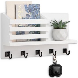 Lucundm Key Holder Wall Mount, Mail Organizer for Wall with 5 Square Rustic Key Hooks Key Shelf Farmhouse Home Decor for Entryway