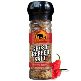 Ghost Pepper Salt Seasoning by African Dream Foods | Spicy Chili Salt with only Natural Hot Ghost Peppers & Sea Salt | Ideal for Meat, Chicken, Seafood | Reusable Grinder, 3.5 oz