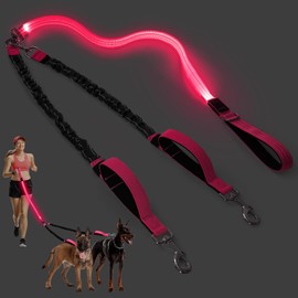 LED Double Dog Leash, 360° Swivel Dual Dog Walking Leash, Comfortable Shock Absorbing Lead for Dog, Reflective Removable Bungee for Two Dogs