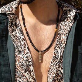 KARMA AND LUCK - Divine Energy - Men's Onyx Tiger's Eye Stone Hamsa, Evil Eye, OM Triple Protection Necklace, Handmade in Bali