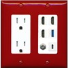 RiteAV 3 HDMI USB3 USBC Coax Wall Plate - Tamper-Resistant Outlet [Red/White]