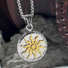 bahamut Greek Mens Jewelry Sun Pendant Necklace for Men Women, Stainless Steel Vintage Protective Amulets Gifts (Silver&Gold Sun)