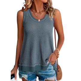 EVALESS Womens Summer Tank Tops Loose Fit Scoop Neck Cute Waffle Knit Sleeveless Shirts Tops for Girls Petite Greyish Blue Small