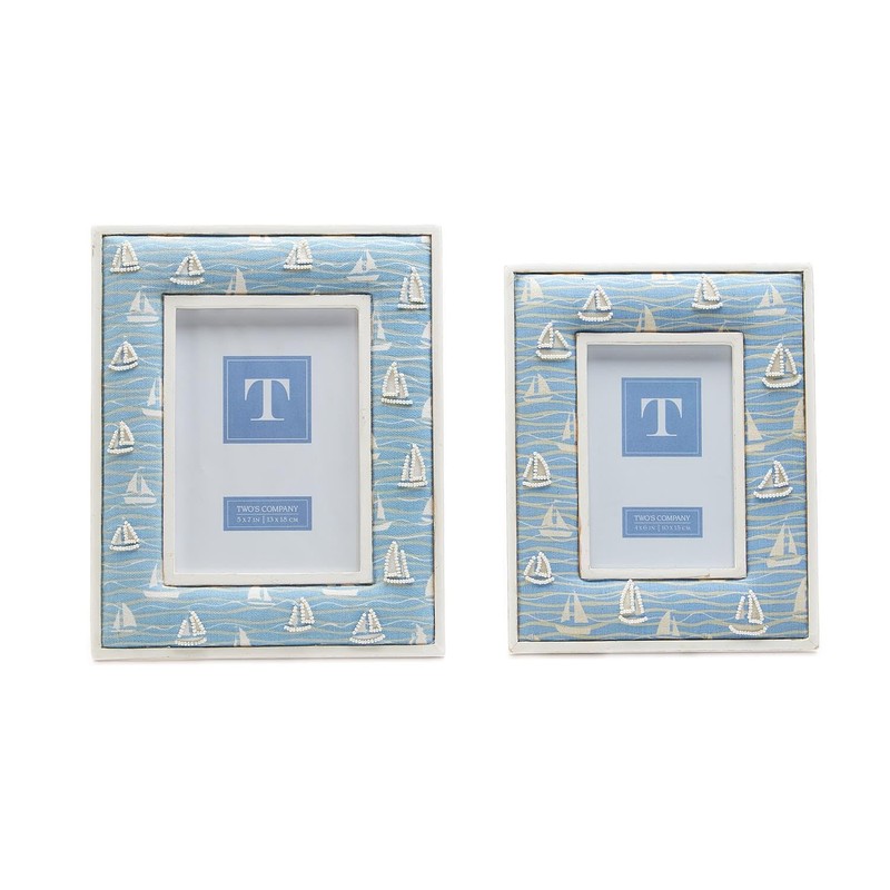 Two's Company Sailboat Hand-Beaded White Washed Photo Frame, Mango Wood,