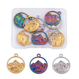 COGCHARGER 15 Pieces Flat Round with Mountain Charms, 304 Stainless Steel Pendants for DIY Jewellery, Necklace, Earrings, Accessories