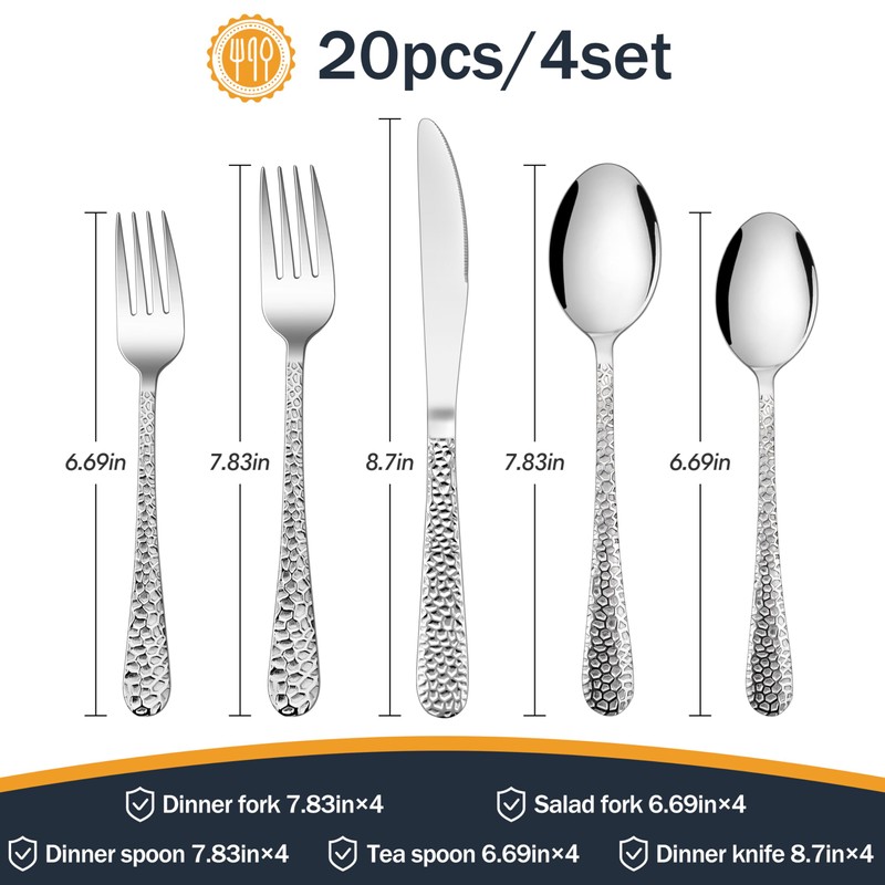 HaWare Hammered Silverware Set, 20-Piece Stainless Steel Flatware Set Serving