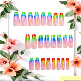 Colorful Stripes Smudge Press on Nails Medium Length Ballet Shaped Full Cover Glossy Nude Pink Acrylic False Nail Ballet Press Ons French Artificial Fingernails DIY Reusable Glue on Nails for Women