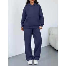Trendy Queen Sweatsuits Women 2 Piece Outfits Plus Size Fall Fashion Matching Sweat Set Wide Leg Sweatpants Lounge Tracksuits Navy S