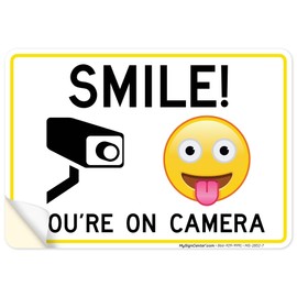 Smile You're on Camera Video Surveillance Sign, 10x7 Inches, 4 Mil Vinyl Decal Stickers Weather Resistant, Made in USA by My Sign Center