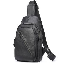 LUKZIJAES Leather Sling Bag For Men Cowhide Crossbody Sling Shoulder Chest Bag Casual Daypacks Travel Gear Messenger Backpacks (#2-Black)