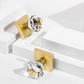 HIEMEY 2 Pack Satin Brass Dummy Door Knob Set, Clear Glass Crystal Inactive Interior, Hall and Closet Square Gold, Diamond Shape Kit BS-009