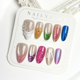 BQZQPAMZ 10pcs Flower French Tip Press On Nails Colorful Glossy Almond Shaped Fake Nails Medium Length Full Coverage Acrylic Nails with 3D Pattern Design for Women Spring Manicure Supplies